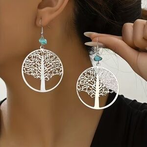 2/$30 🔥 Silver-Toned Tree of Life Dangle Earrings with Turquoise Accent Bead
